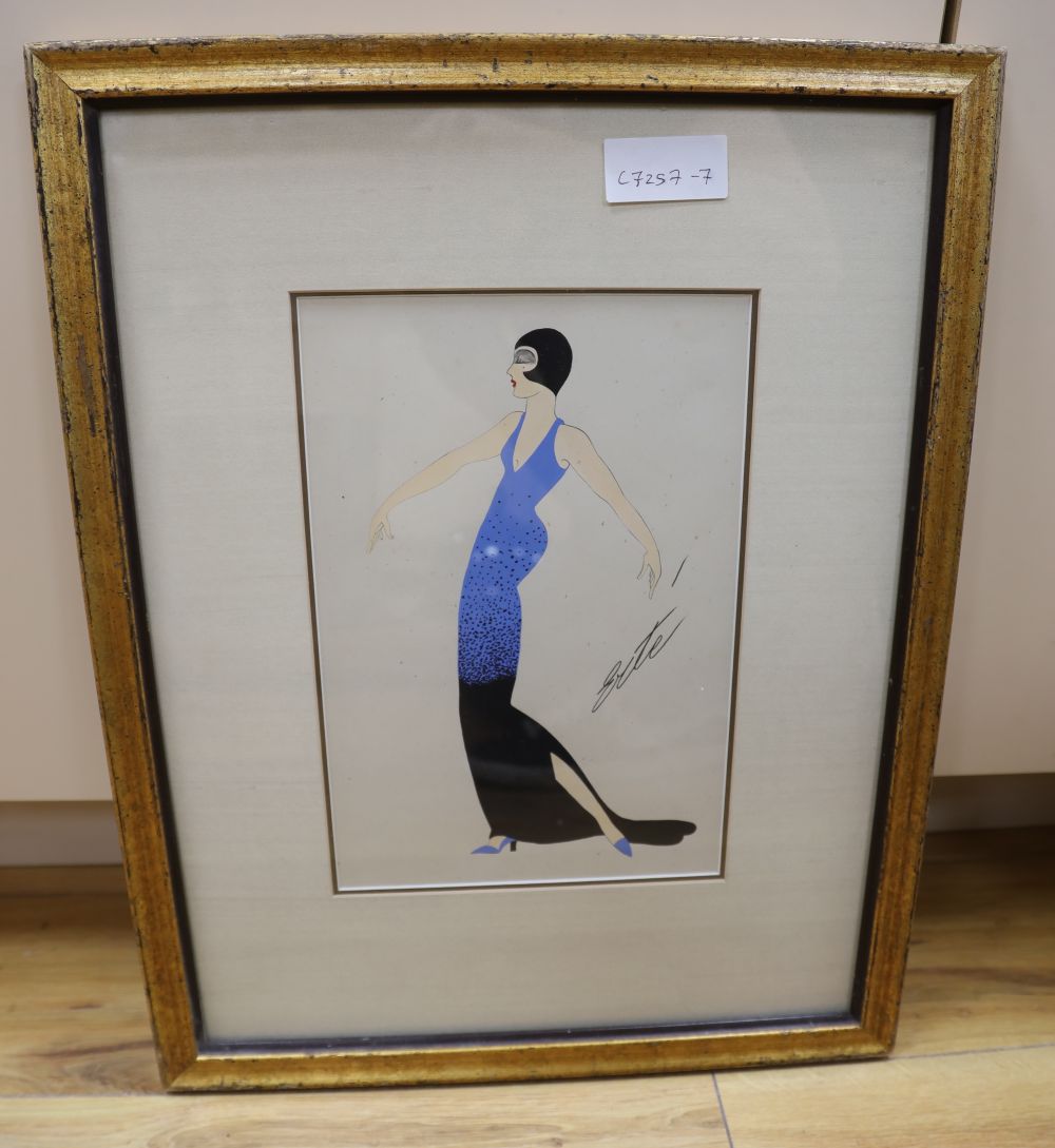 After Erté, gouache, Woman in a blue dress, bears signature, 28 x 19cm